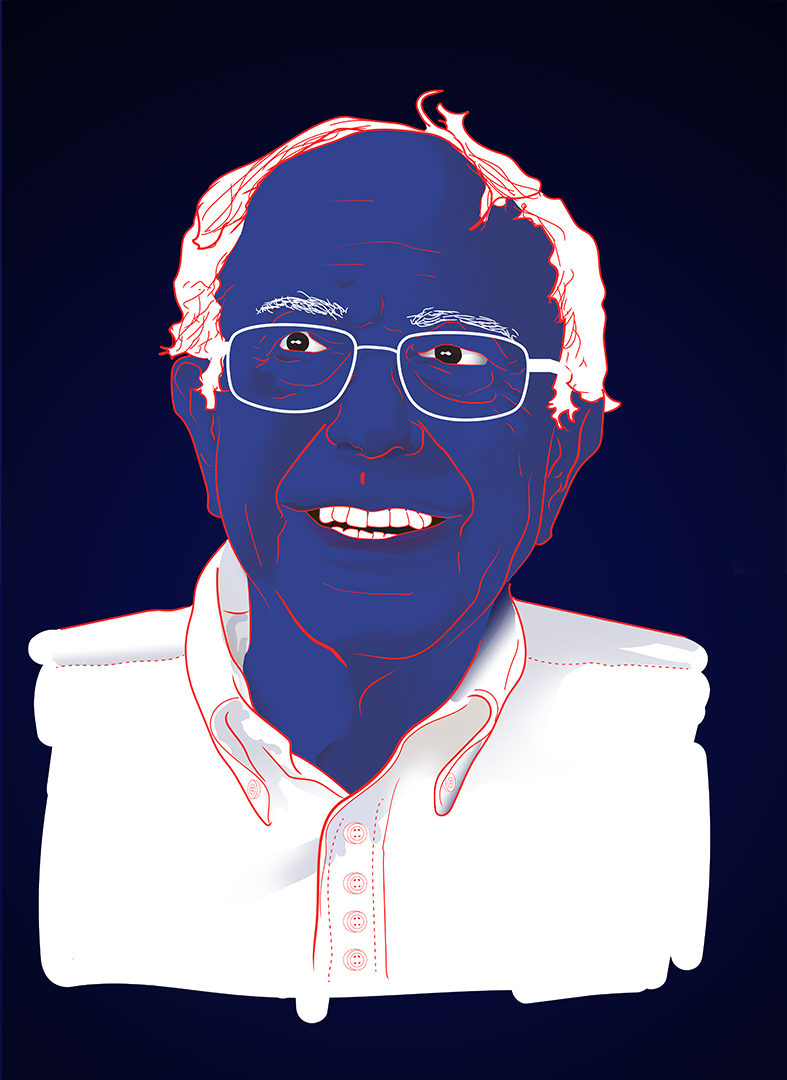 Highly stylized line-drawing portrait of Bernie Sanders looking forward with a Red White & Blue color palette 