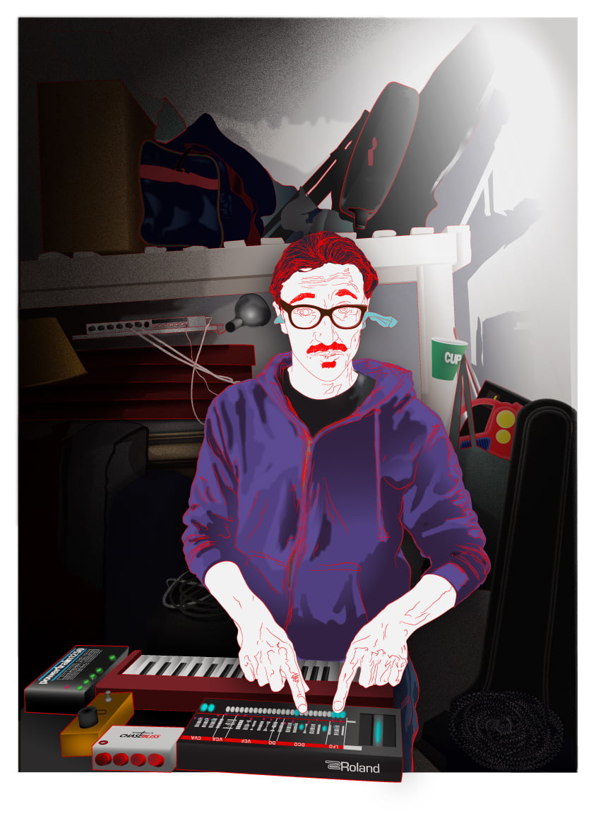 A colorful highly stylized illustration of Garrett, playing keyboard and pedals, created in AI