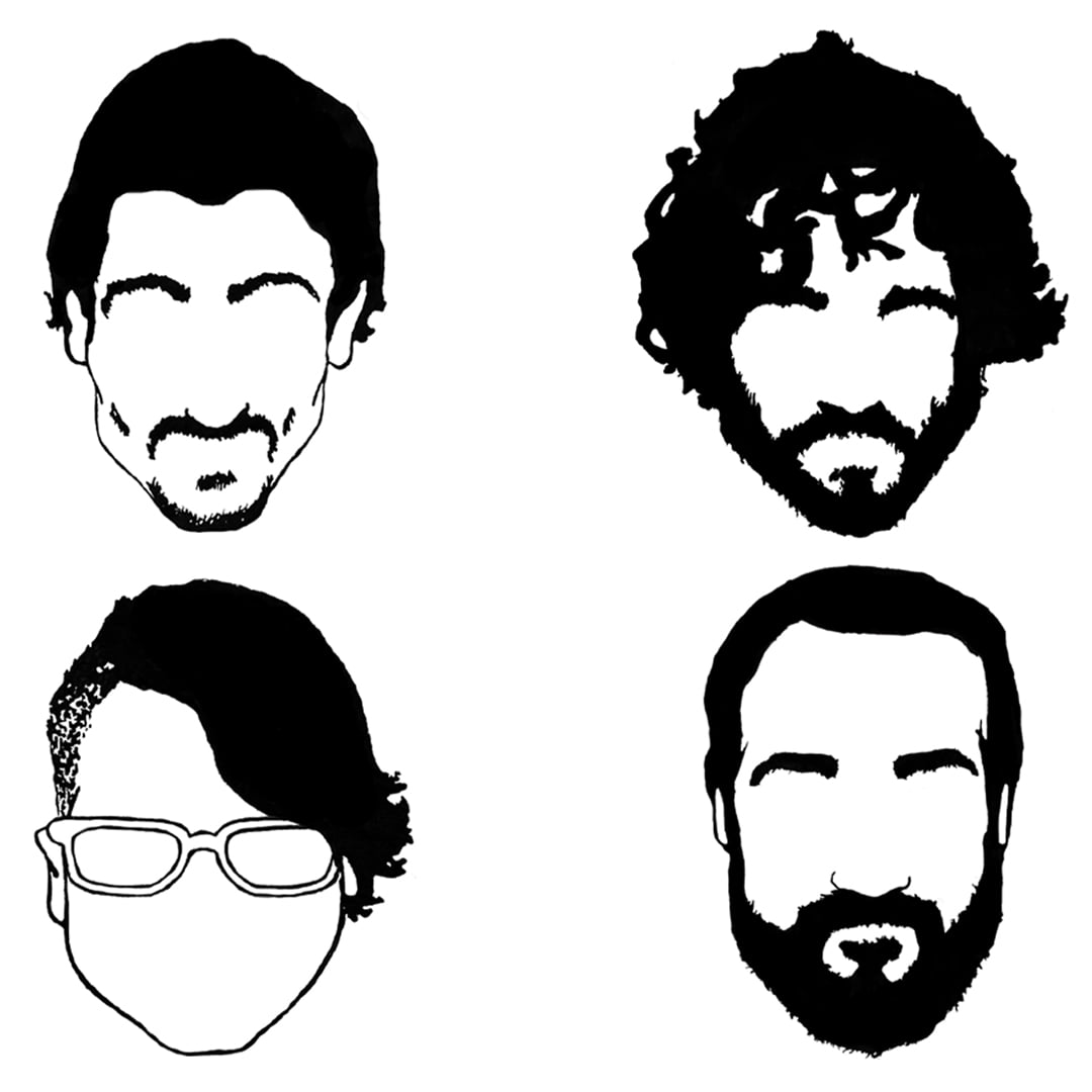 B/W line drawing of heads with no faces; showing only hair, head outline, & glasses.